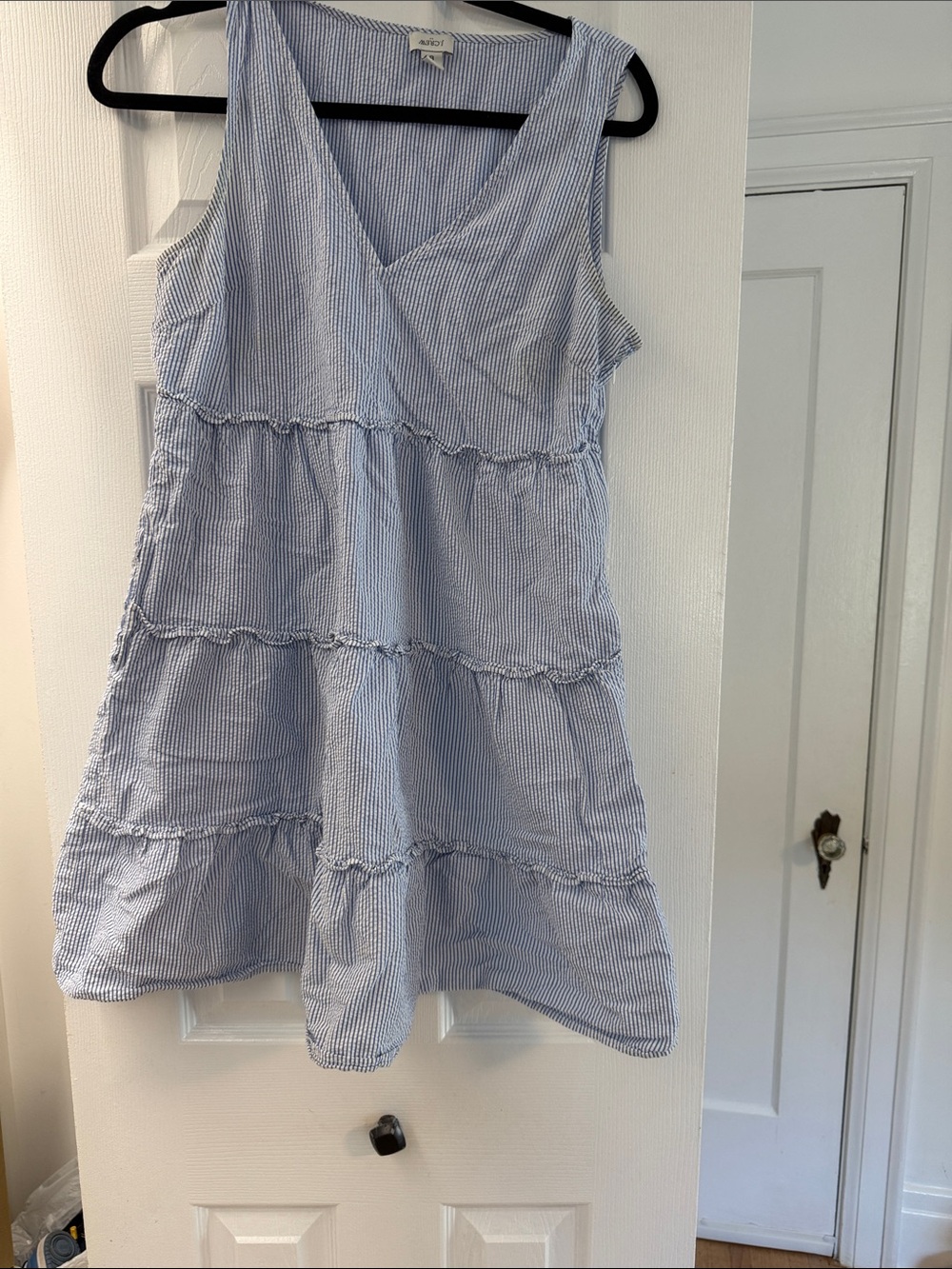 J. Crew Factory Light Blue and White Striped Sleeveless Tiered V-Neck Tunic